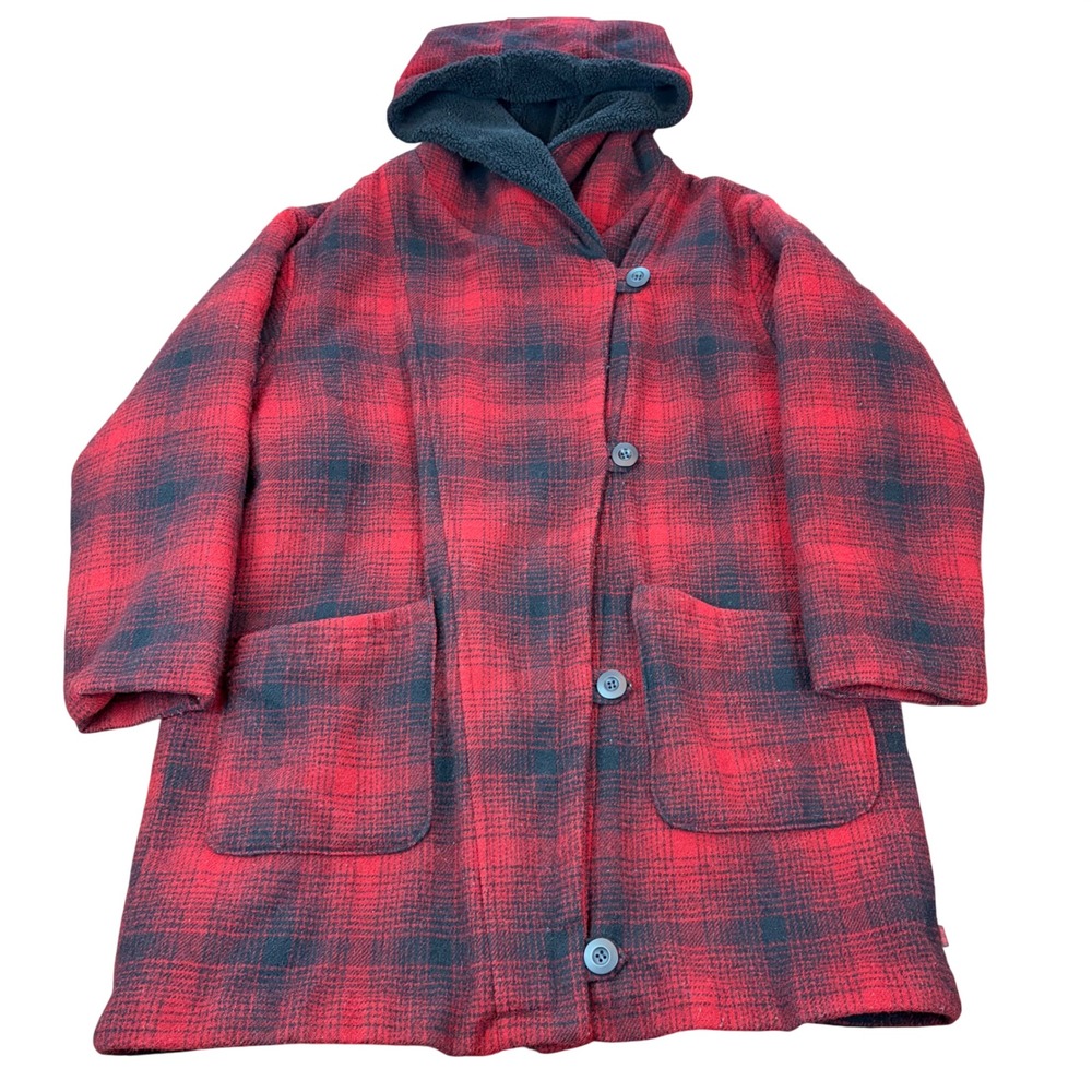 Vintage 80s/90s Woolrich USA Womens L Red Black Buffalo Plaid Wool‎ Hooded Coat